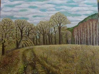 Холст на картоне маслом "Большой луг у реки "