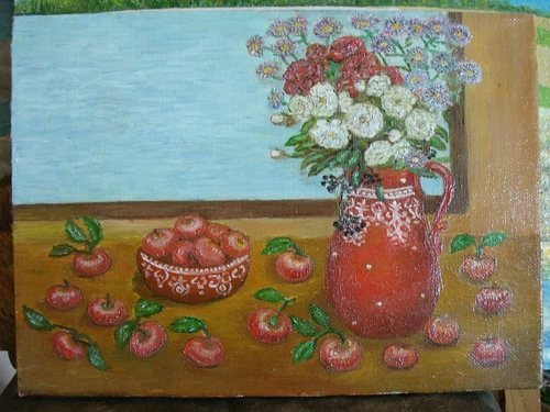 Картина маслом на холсте "Пейзаж Яблоки и цветы "  2015 г