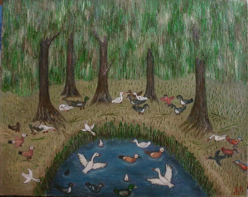 Картина маслом на холсте "Утиный пруд "